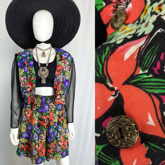 Vintage 90s floral coord two-piece shorts playset outfit red black small medium - Picture 2 of 6
